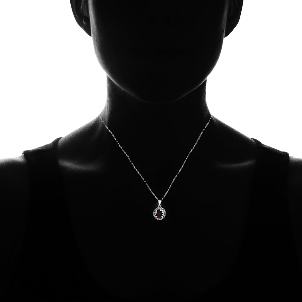 Sterling Silver Garnet Round Oxidized Rope Pendant Necklace-3