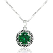 Sterling Silver Simulated Emerald Round Oxidized Rope Pendant Necklace
