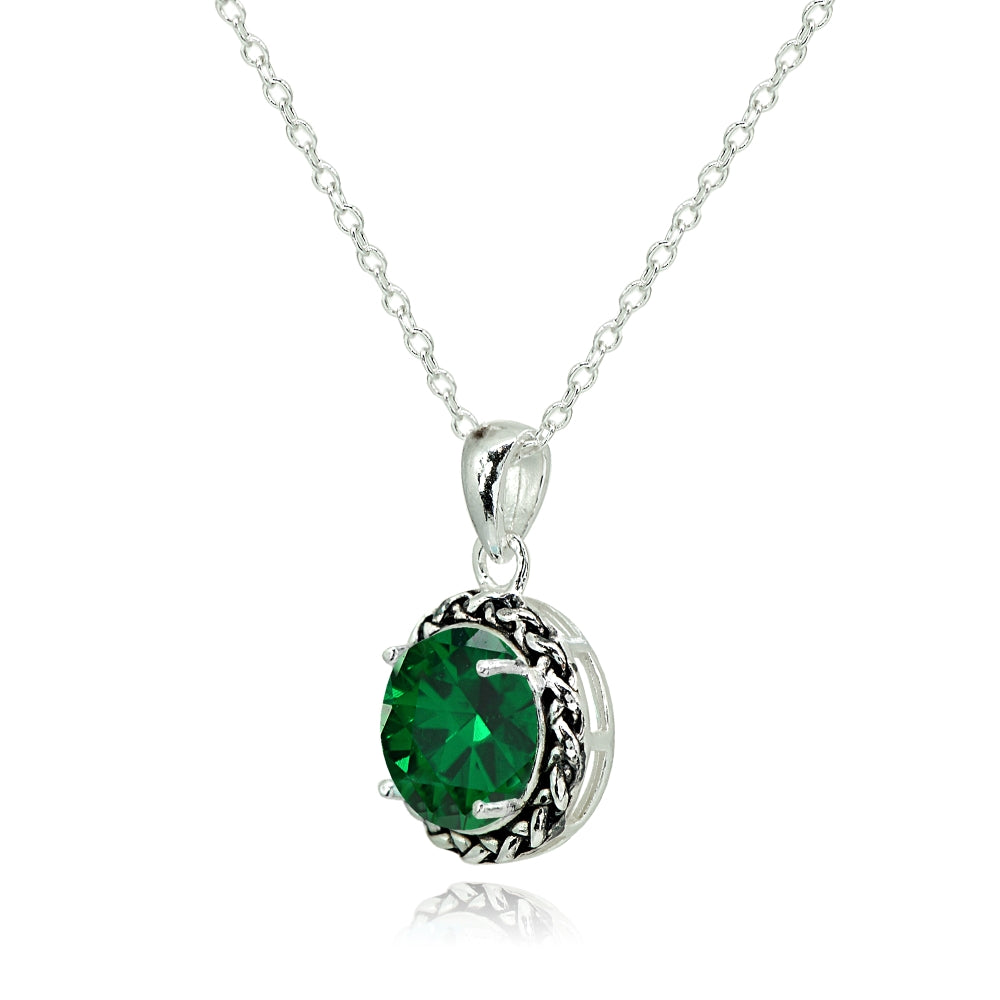 Sterling Silver Simulated Emerald Round Oxidized Rope Pendant Necklace-2