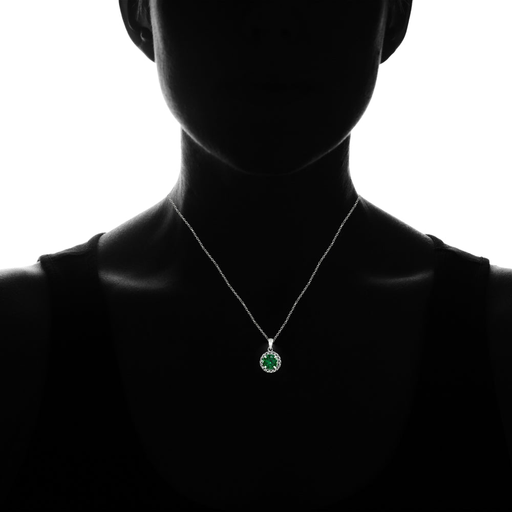 Sterling Silver Simulated Emerald Round Oxidized Rope Pendant Necklace-3