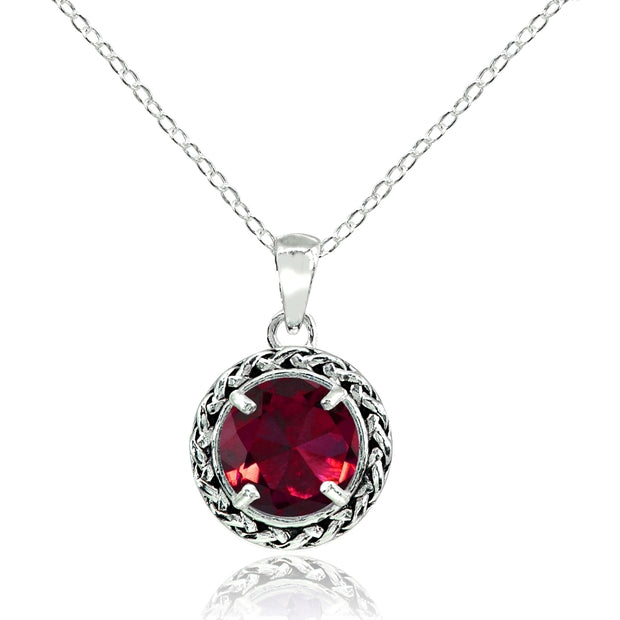 Sterling Silver Created Ruby Round Oxidized Rope Pendant Necklace