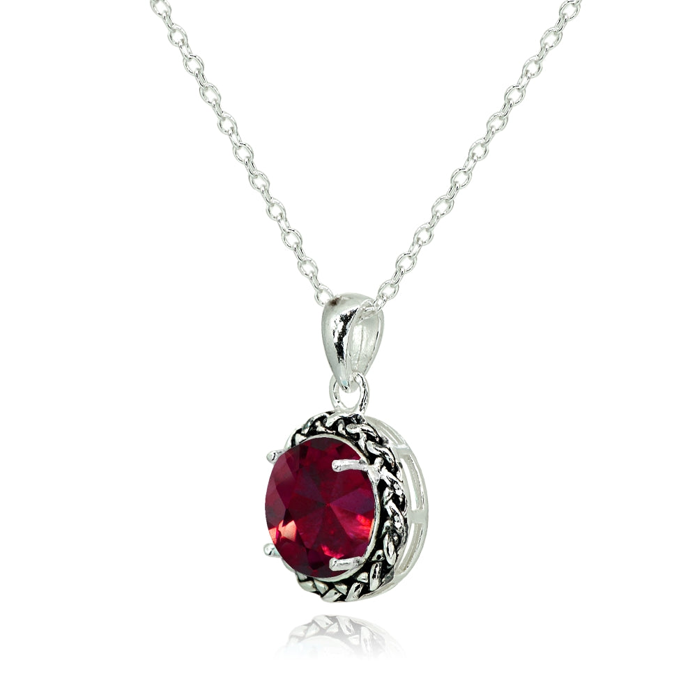 Sterling Silver Created Ruby Round Oxidized Rope Pendant Necklace-2