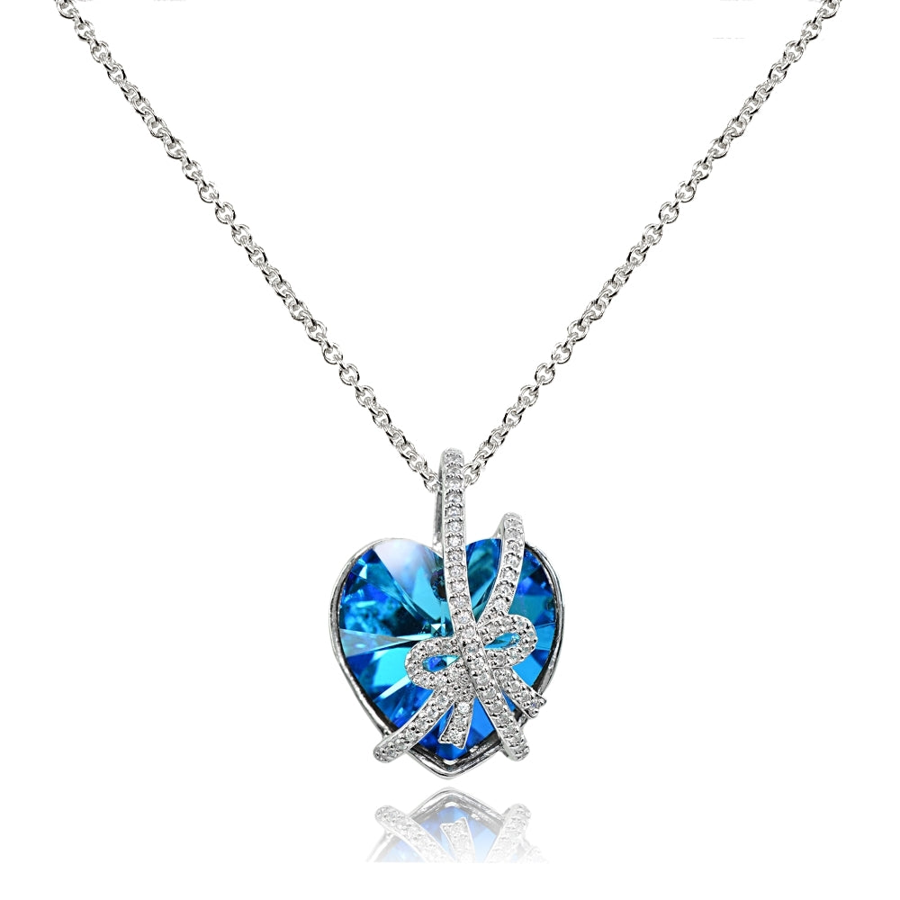 Swarovski Crystal, Sterling Silver Bermuda Blue Bow Tie Engraved “A Gift of Love” Heart Necklace