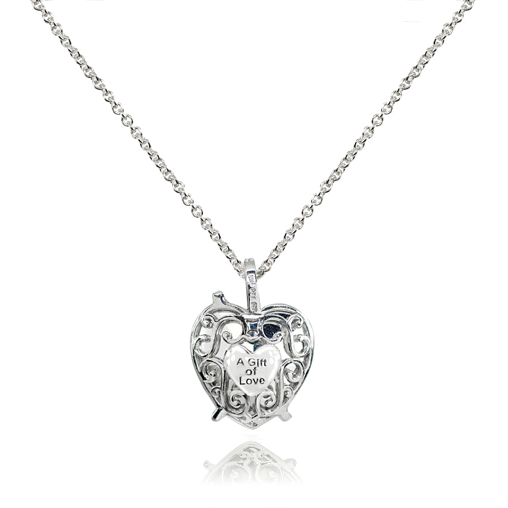 Swarovski Crystal, Sterling Silver Bermuda Blue Bow Tie Engraved “A Gift of Love” Heart Necklace-2