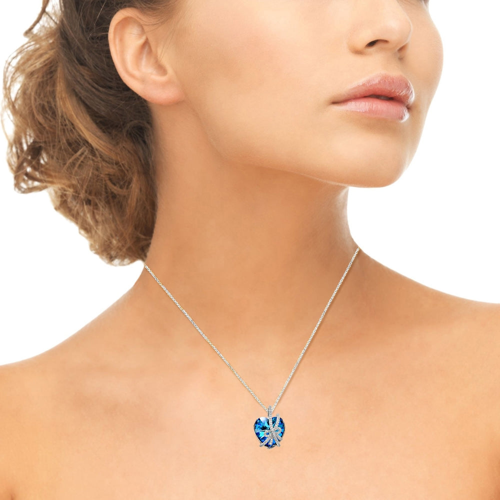 Swarovski Crystal, Sterling Silver Bermuda Blue Bow Tie Engraved “A Gift of Love” Heart Necklace-3