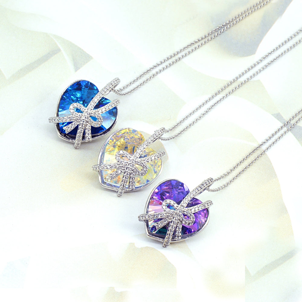 Swarovski Crystal, Sterling Silver Bermuda Blue Bow Tie Engraved “A Gift of Love” Heart Necklace-4