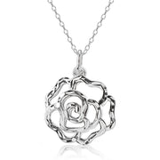Sterling Silver High Polished Diamond-cut Filigree Rose Flower Pendant Necklace