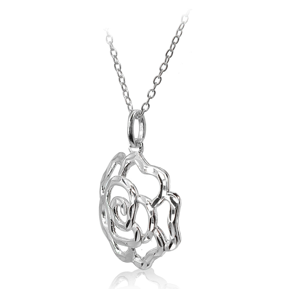 Sterling Silver High Polished Diamond-cut Filigree Rose Flower Pendant Necklace-2
