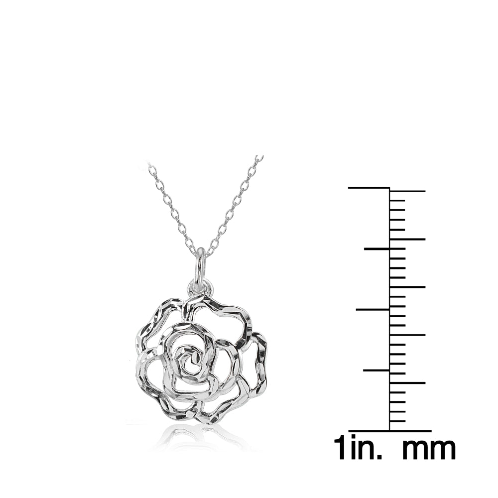 Sterling Silver High Polished Diamond-cut Filigree Rose Flower Pendant Necklace-3