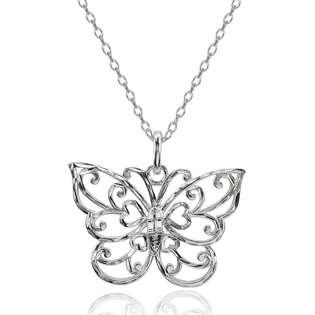 Sterling Silver High Polished Diamond-cut Filigree Butterfly Pendant Necklace