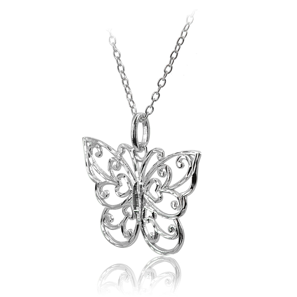 Sterling Silver High Polished Diamond-cut Filigree Butterfly Pendant Necklace-2