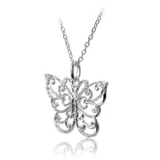 Sterling Silver High Polished Diamond-cut Filigree Butterfly Pendant Necklace