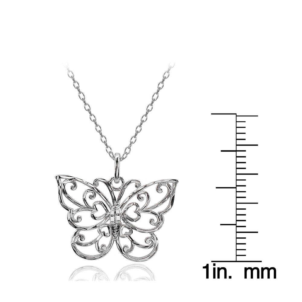 Sterling Silver High Polished Diamond-cut Filigree Butterfly Pendant Necklace-3