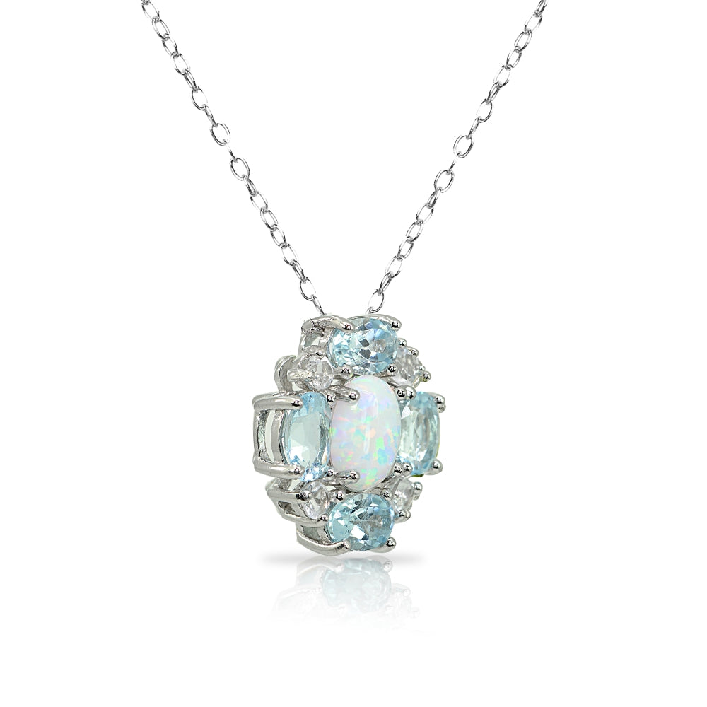 Sterling Silver Created Opal and Blue Topaz Oval Necklace with White Topaz Accents-3