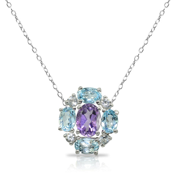 Sterling Silver Amethyst and Blue Topaz Oval Necklace with White Topaz Accents