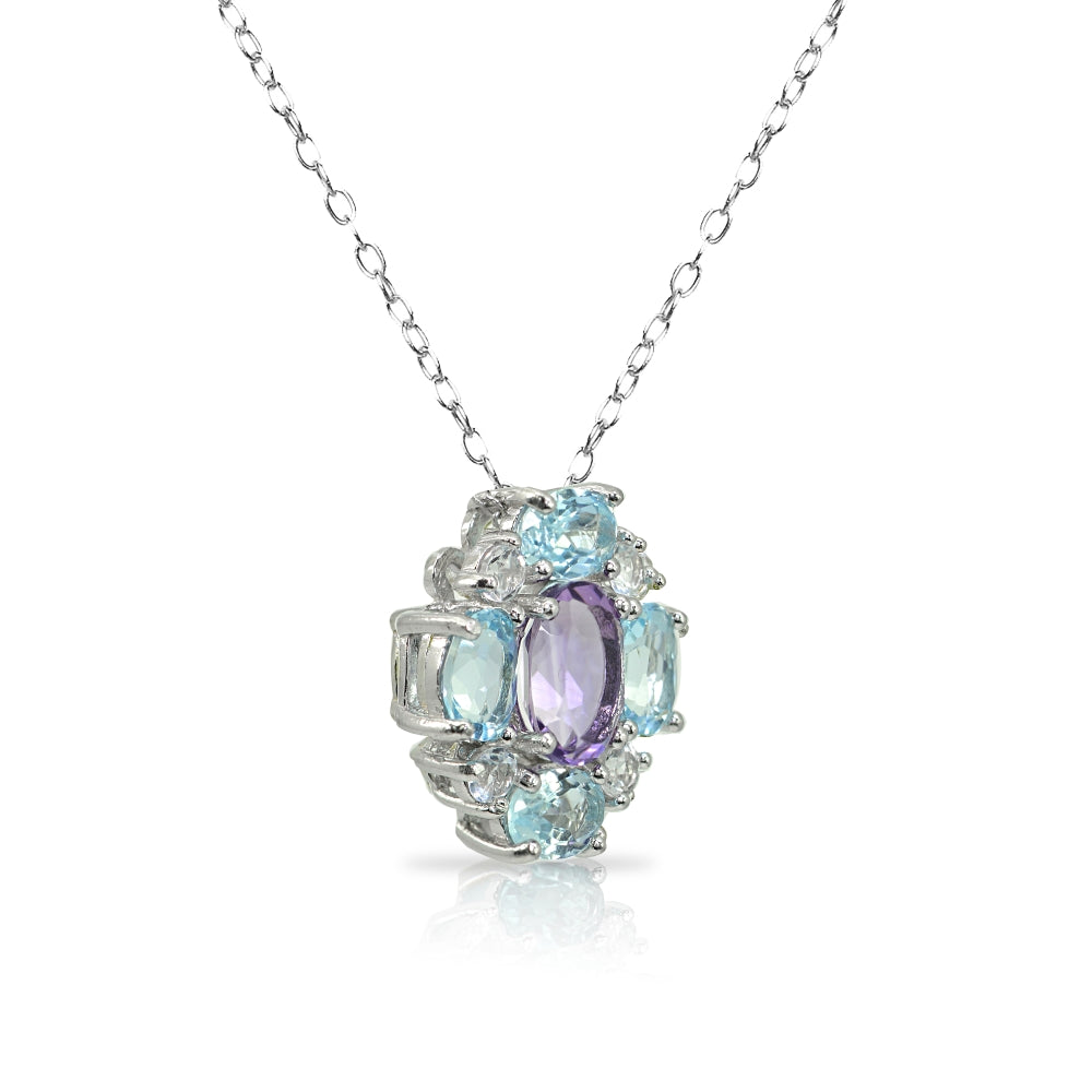 Sterling Silver Amethyst and Blue Topaz Oval Necklace with White Topaz Accents-3