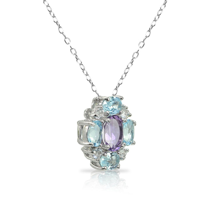 Sterling Silver Amethyst and Blue Topaz Oval Necklace with White Topaz Accents