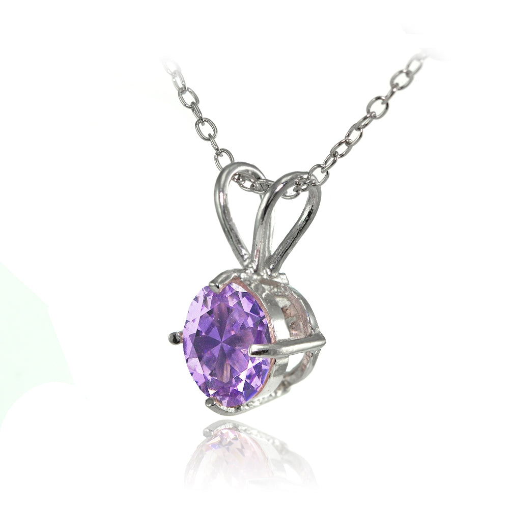 Sterling Silver Created Amethyst 7mm Round Solitaire Pendant Necklace-2