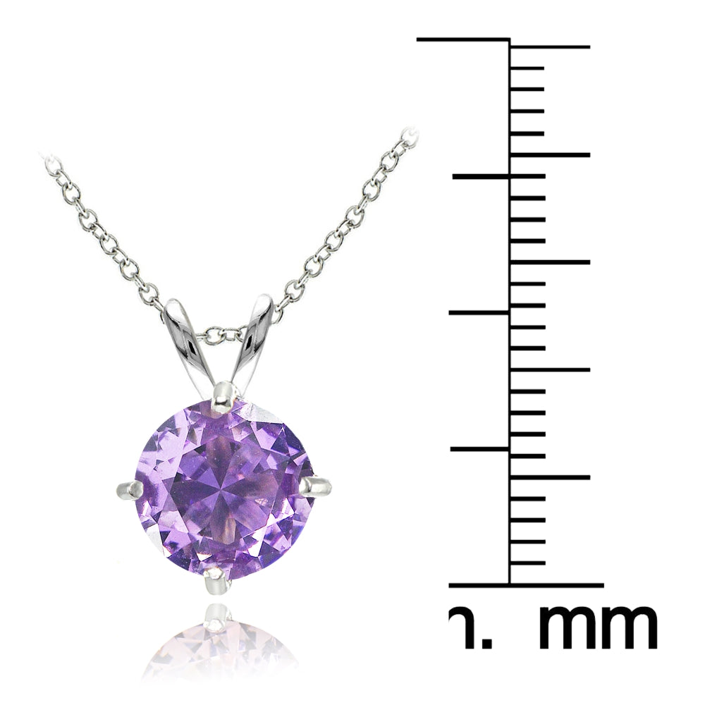 Sterling Silver Created Amethyst 7mm Round Solitaire Pendant Necklace-3