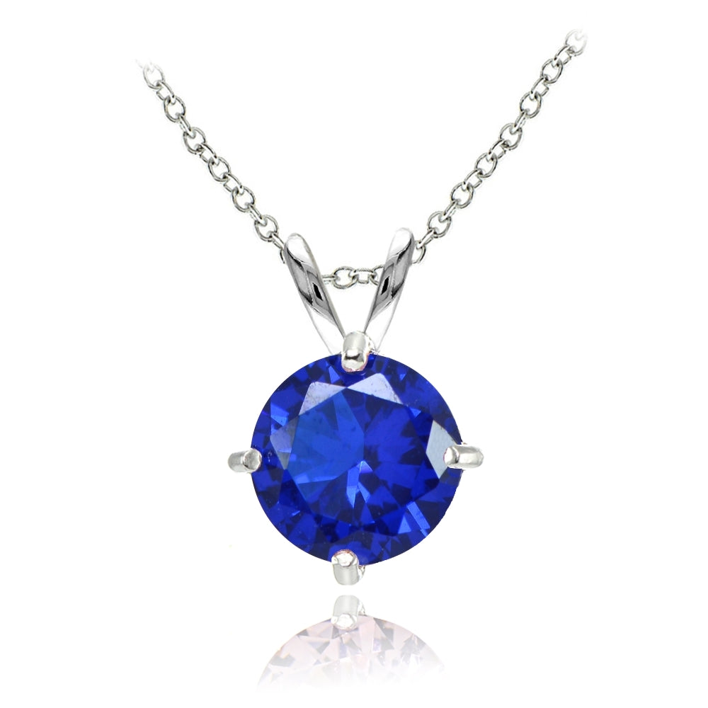 Sterling Silver Created Blue Sapphire 7mm Round Solitaire Pendant Necklace