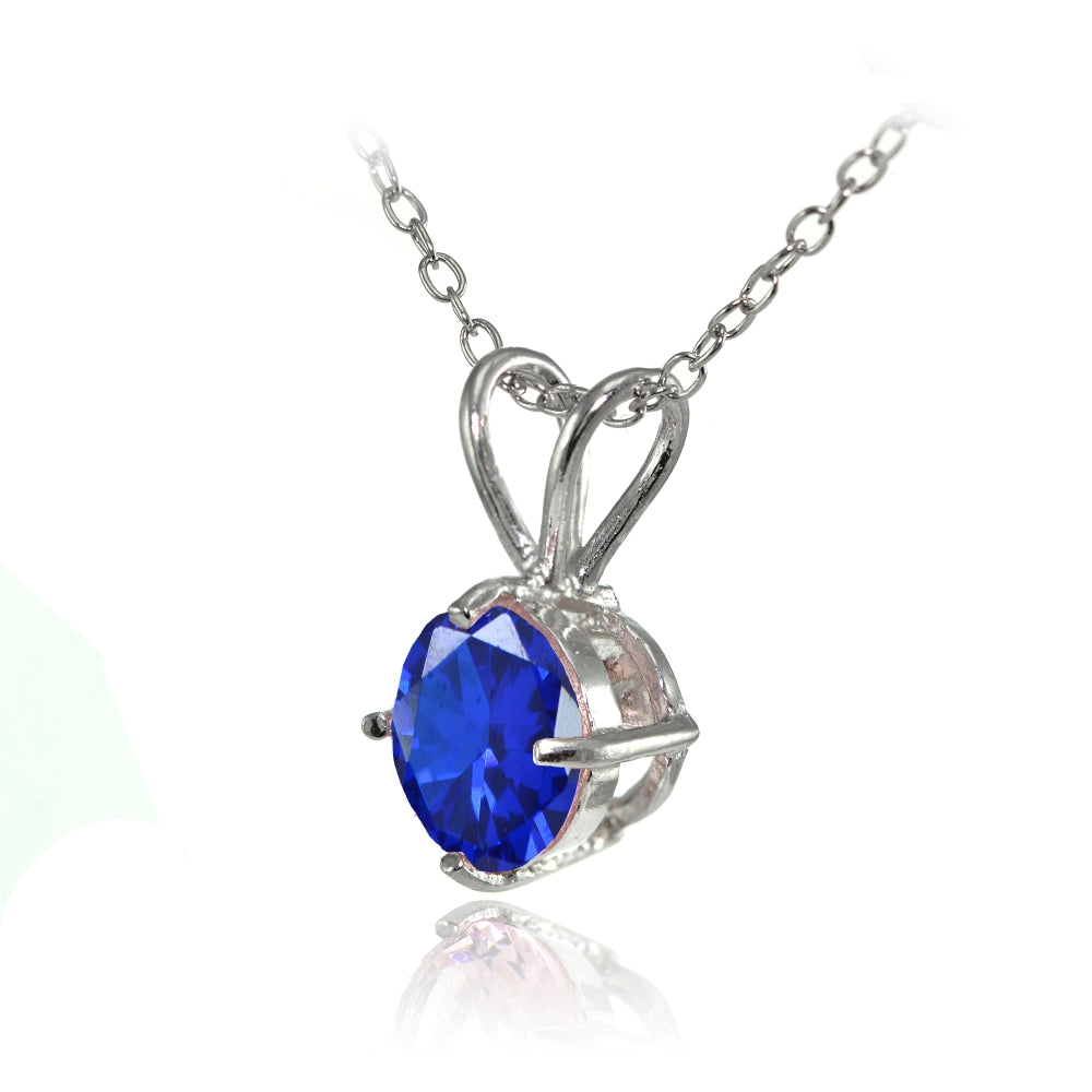 Sterling Silver Created Blue Sapphire 7mm Round Solitaire Pendant Necklace-2