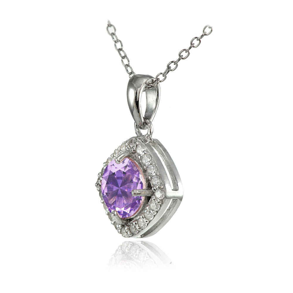 Sterling Silver Created Amethyst 7mm Round and CZ Accents Necklace-2