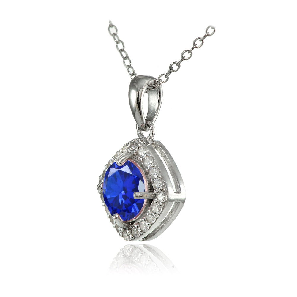 Sterling Silver Created Blue Sapphire 7mm Round and CZ Accents Necklace-2