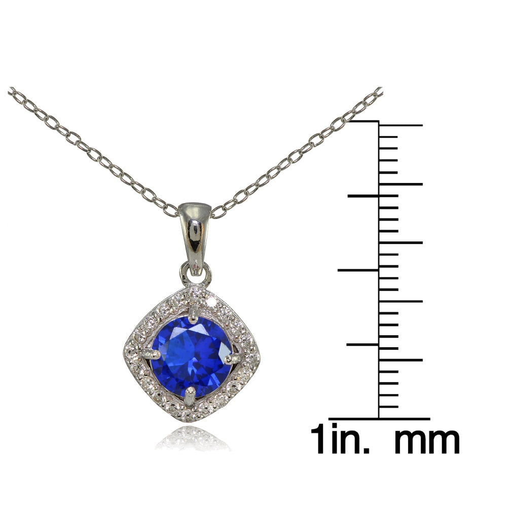 Sterling Silver Created Blue Sapphire 7mm Round and CZ Accents Necklace-3
