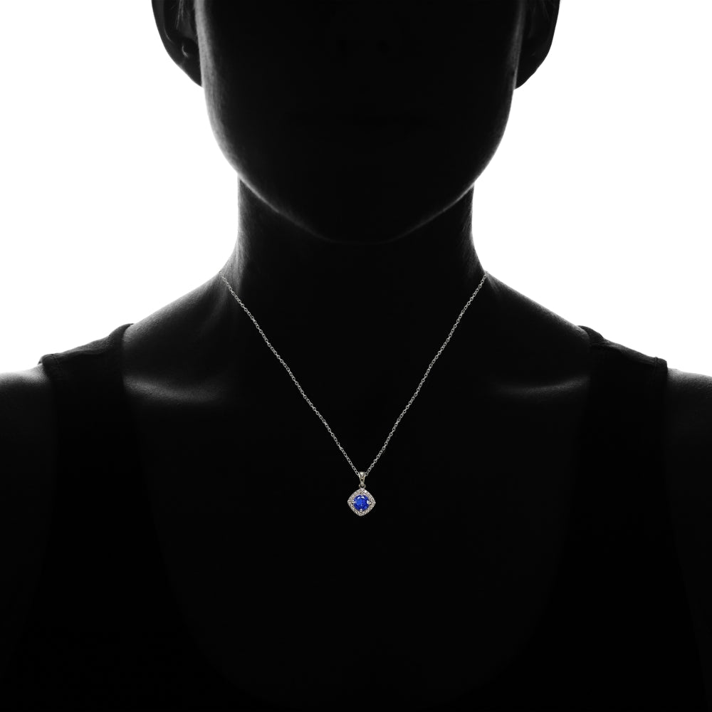 Sterling Silver Created Blue Sapphire 7mm Round and CZ Accents Necklace-4