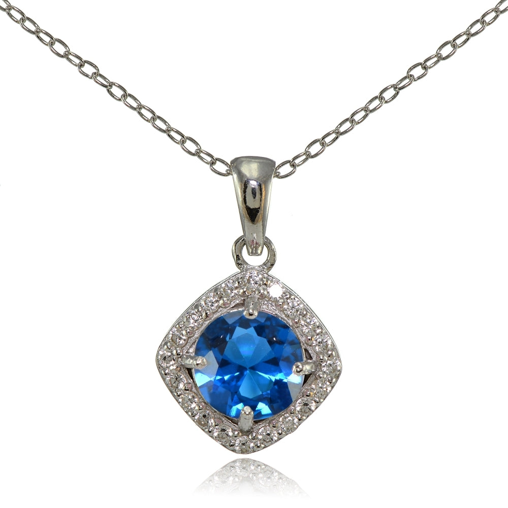Sterling Silver Created London Blue Topaz 7mm Round and CZ Accents Necklace
