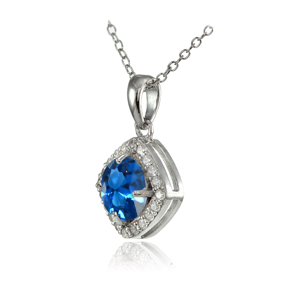 Sterling Silver Created London Blue Topaz 7mm Round and CZ Accents Necklace-2