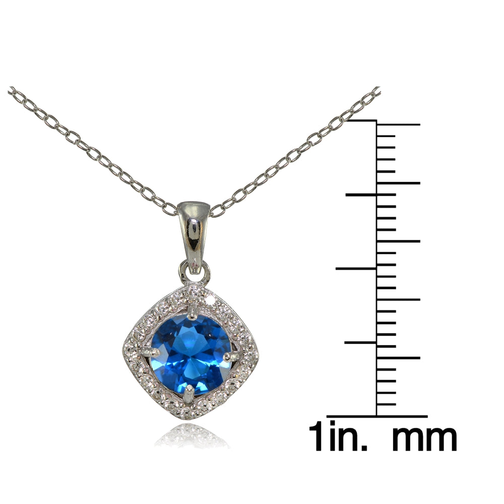 Sterling Silver Created London Blue Topaz 7mm Round and CZ Accents Necklace-3