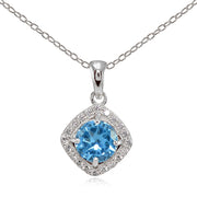 Sterling Silver Created Blue Topaz 7mm Round and CZ Accents Necklace
