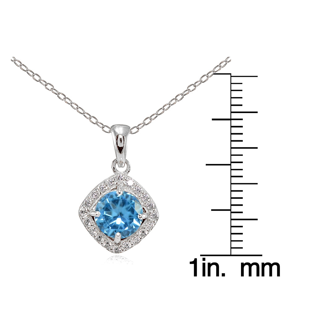 Sterling Silver Created Blue Topaz 7mm Round and CZ Accents Necklace-3