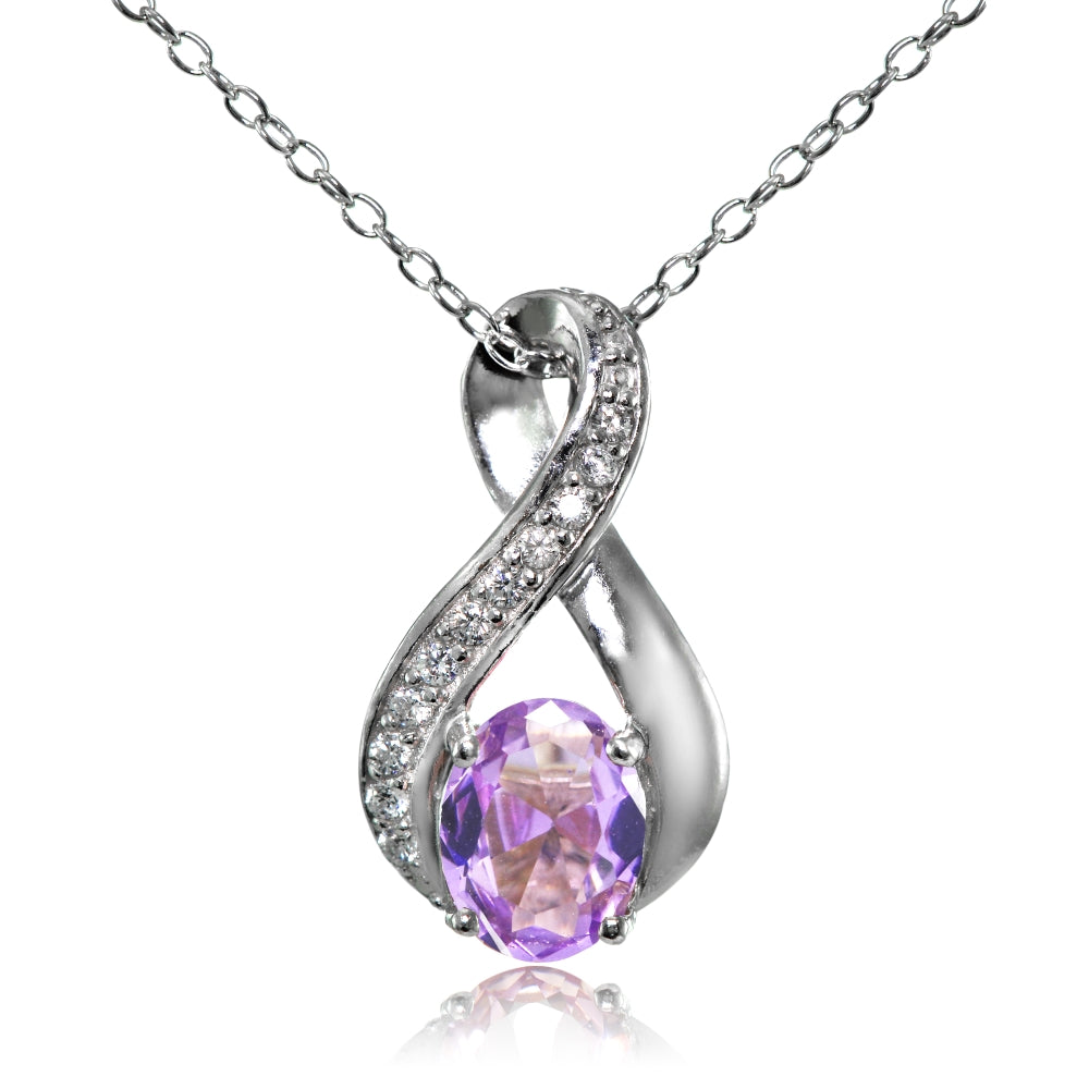 Sterling Silver Created Amethyst Oval Infinity and CZ Accents Necklace