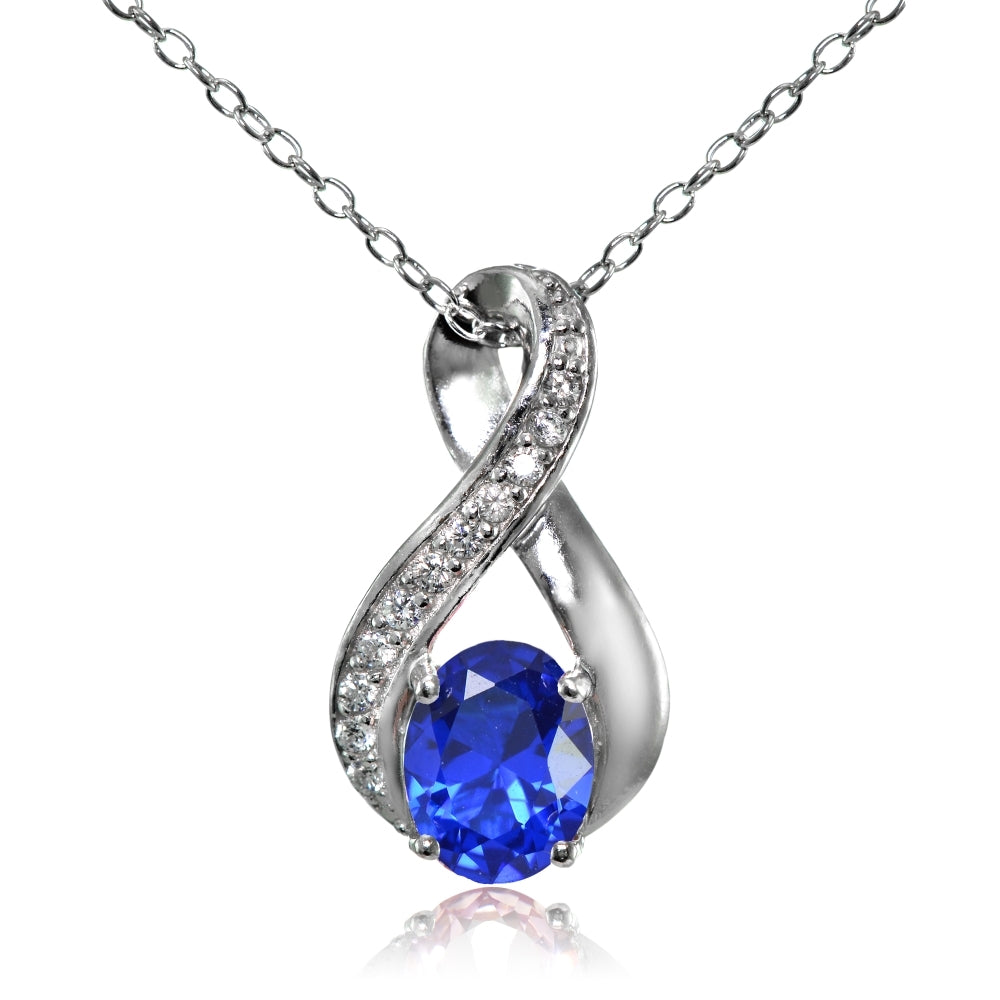 Sterling Silver Created Blue Sapphire Oval Infinity and CZ Accents Necklace