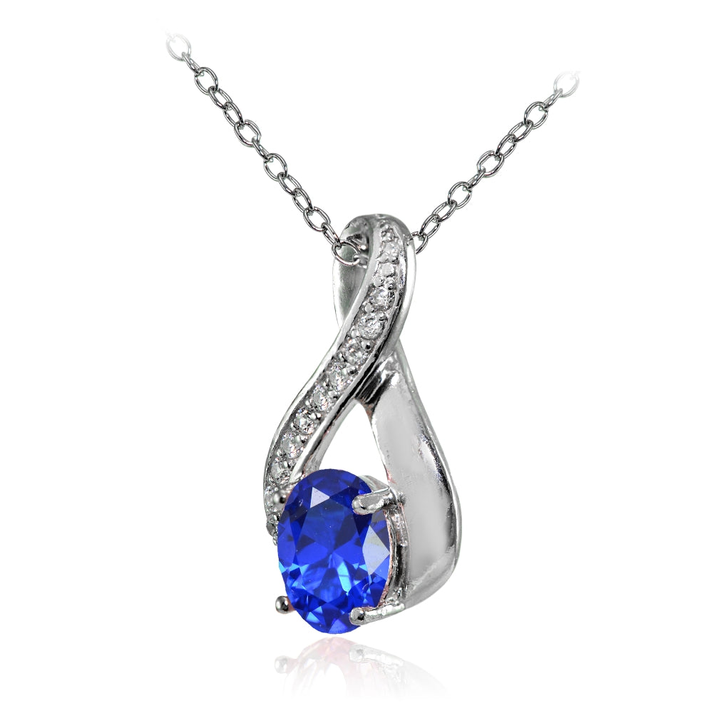 Sterling Silver Created Blue Sapphire Oval Infinity and CZ Accents Necklace-2