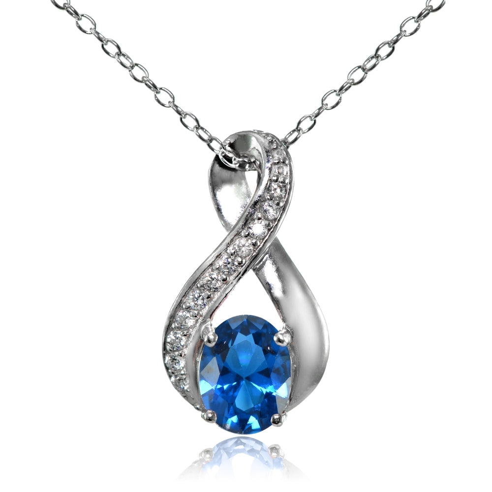Sterling Silver Created London Blue Topaz Oval Infinity and CZ Accents Necklace