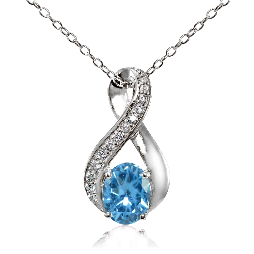 Sterling Silver Created Blue Topaz Oval Infinity and CZ Accents Necklace