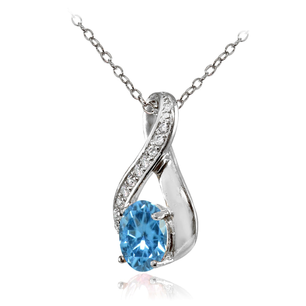Sterling Silver Created Blue Topaz Oval Infinity and CZ Accents Necklace-2