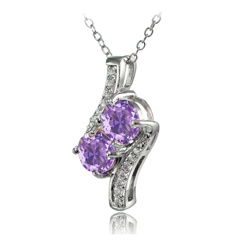 Sterling Silver Created Amethyst Round Two Stone and CZ Accents Necklace-2