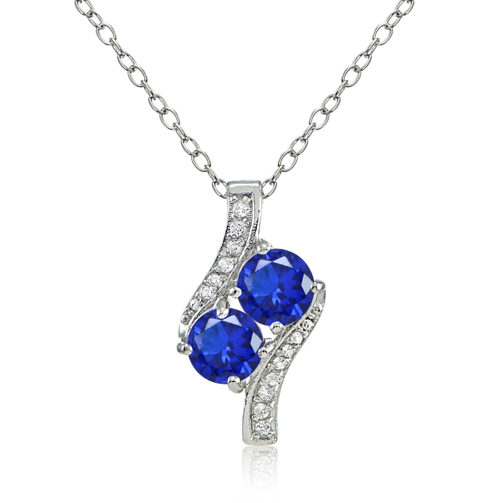 Sterling Silver Created Blue Sapphire Round Two Stone and CZ Accents Necklace