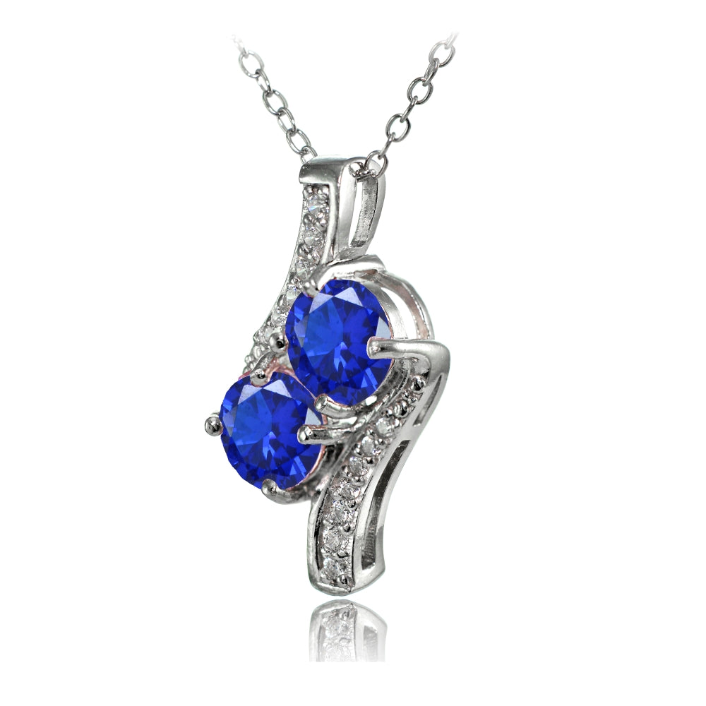 Sterling Silver Created Blue Sapphire Round Two Stone and CZ Accents Necklace-2