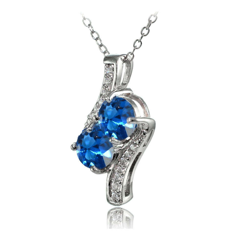 Sterling Silver Created London Blue Topaz Round Two Stone and CZ Accents Necklace-2