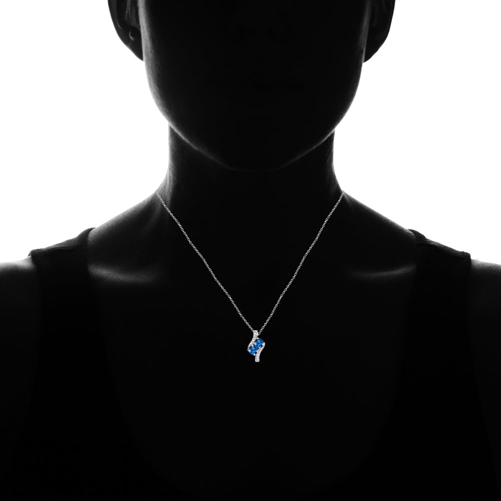 Sterling Silver Created London Blue Topaz Round Two Stone and CZ Accents Necklace-4