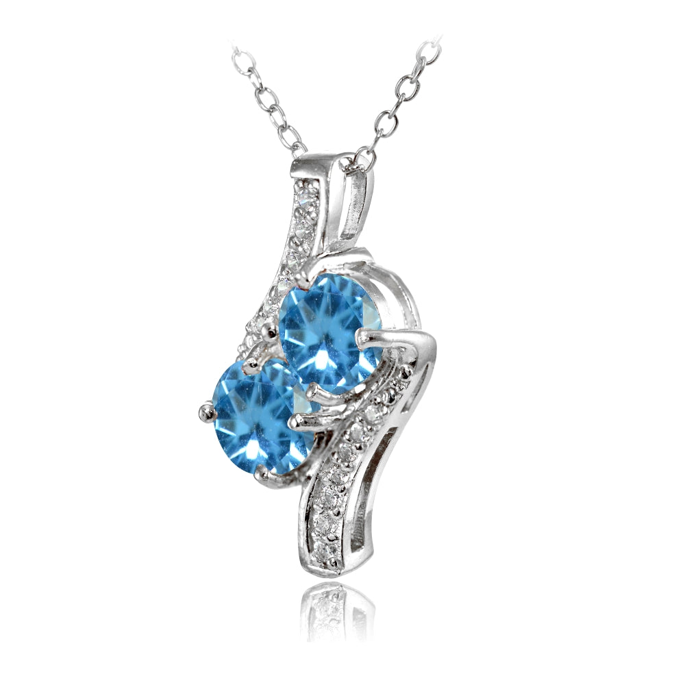 Sterling Silver Created Blue Topaz Round Two Stone and CZ Accents Necklace-2