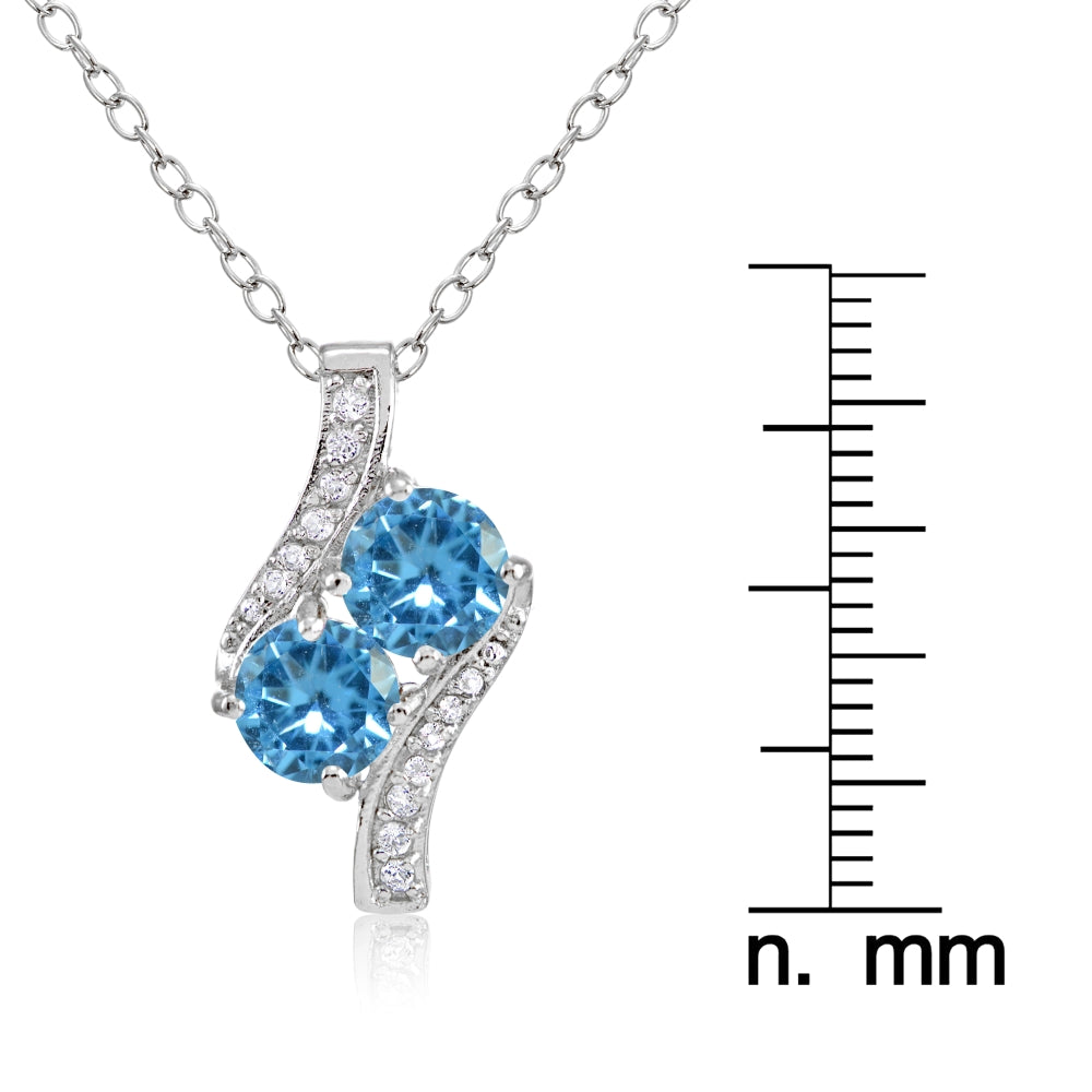 Sterling Silver Created Blue Topaz Round Two Stone and CZ Accents Necklace-3
