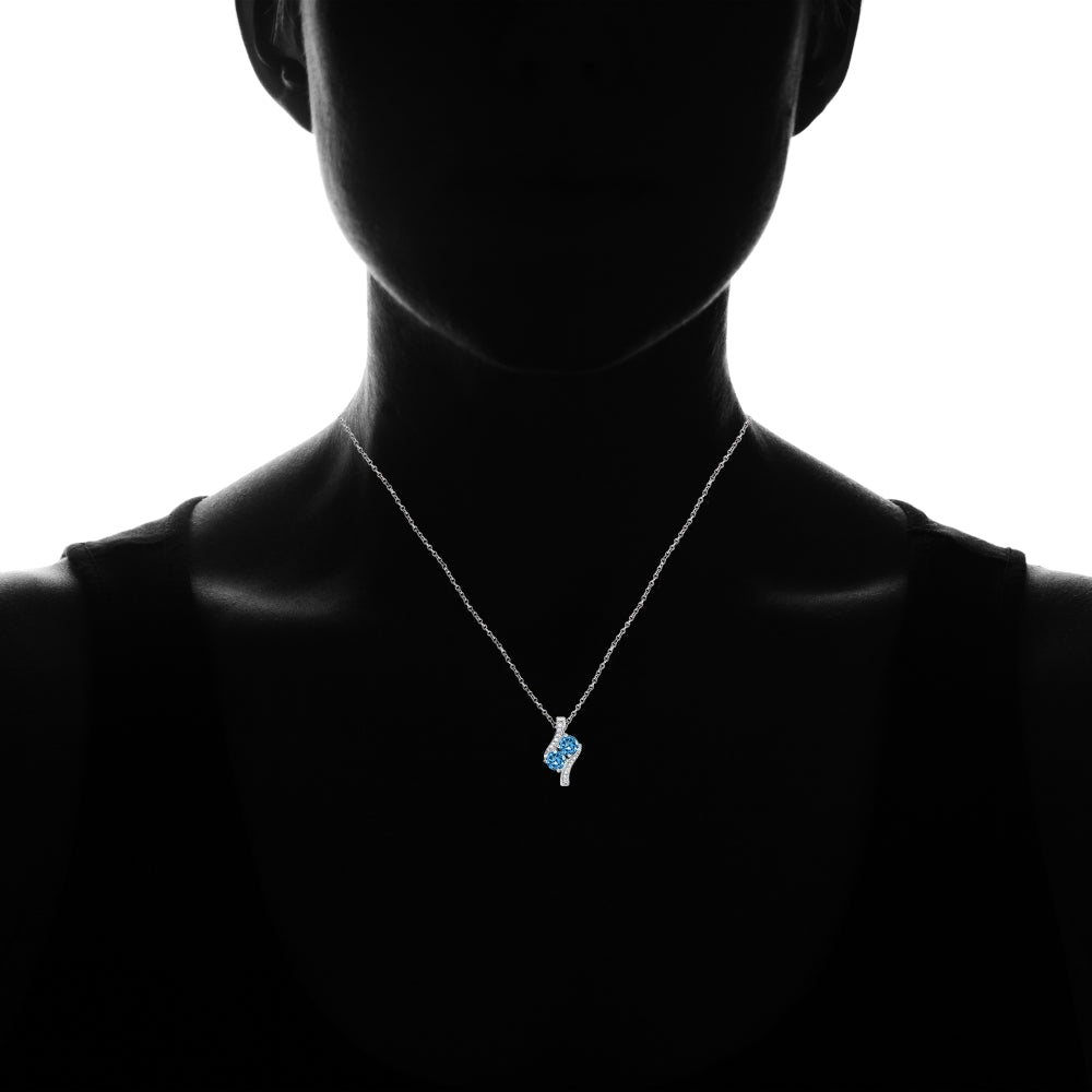 Sterling Silver Created Blue Topaz Round Two Stone and CZ Accents Necklace-4