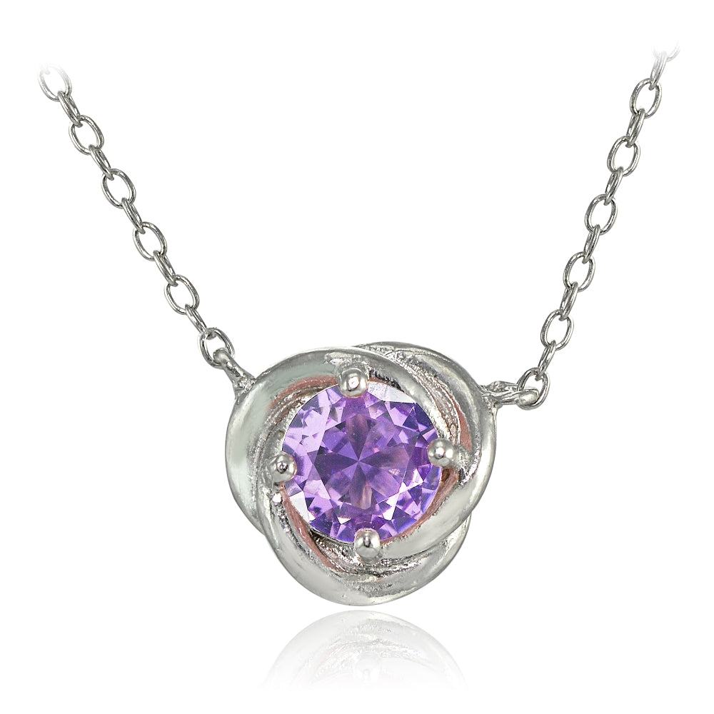Sterling Silver Created Amethyst 6mm Round Love Knot Pendant Necklace