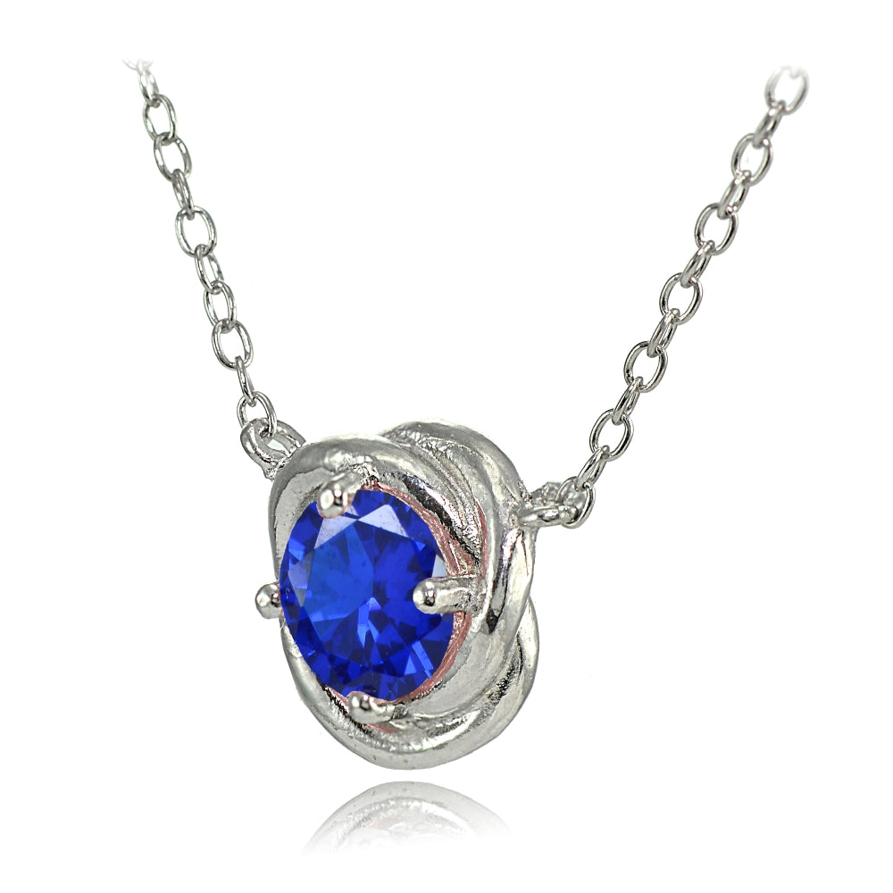 Sterling Silver Created Blue Sapphire 6mm Round Love Knot Pendant Necklace-2